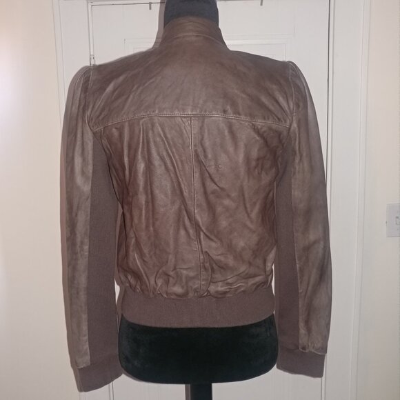 Hinge: Brown Genuine Leather Jacket With Knit Trim - Women's Size Small - Picture 4 of 15